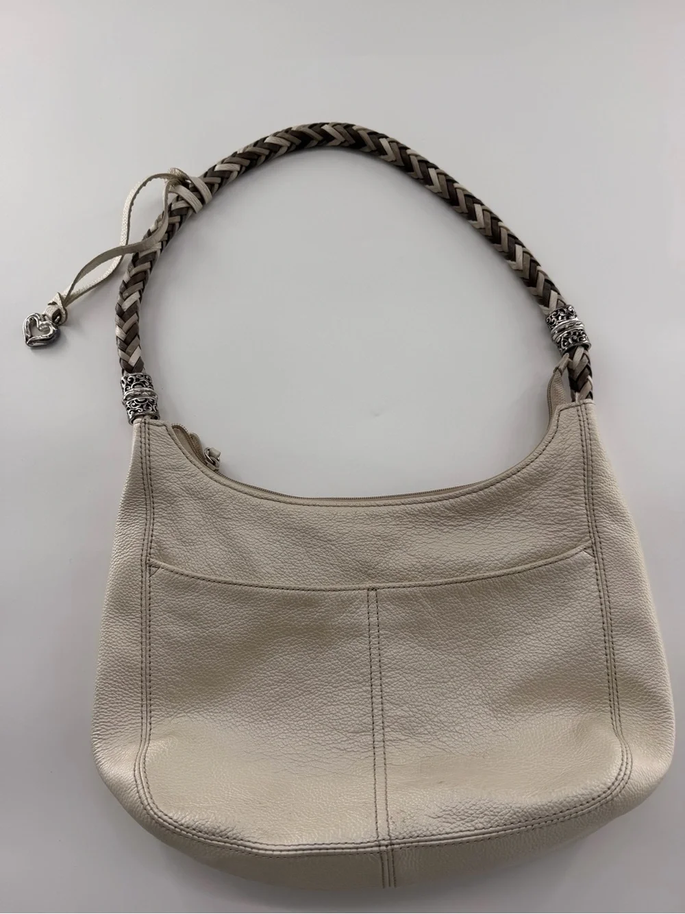 Brighton Barbados Ziptop Hobo bag in Zinc Pearl leather hand-braided strap purse